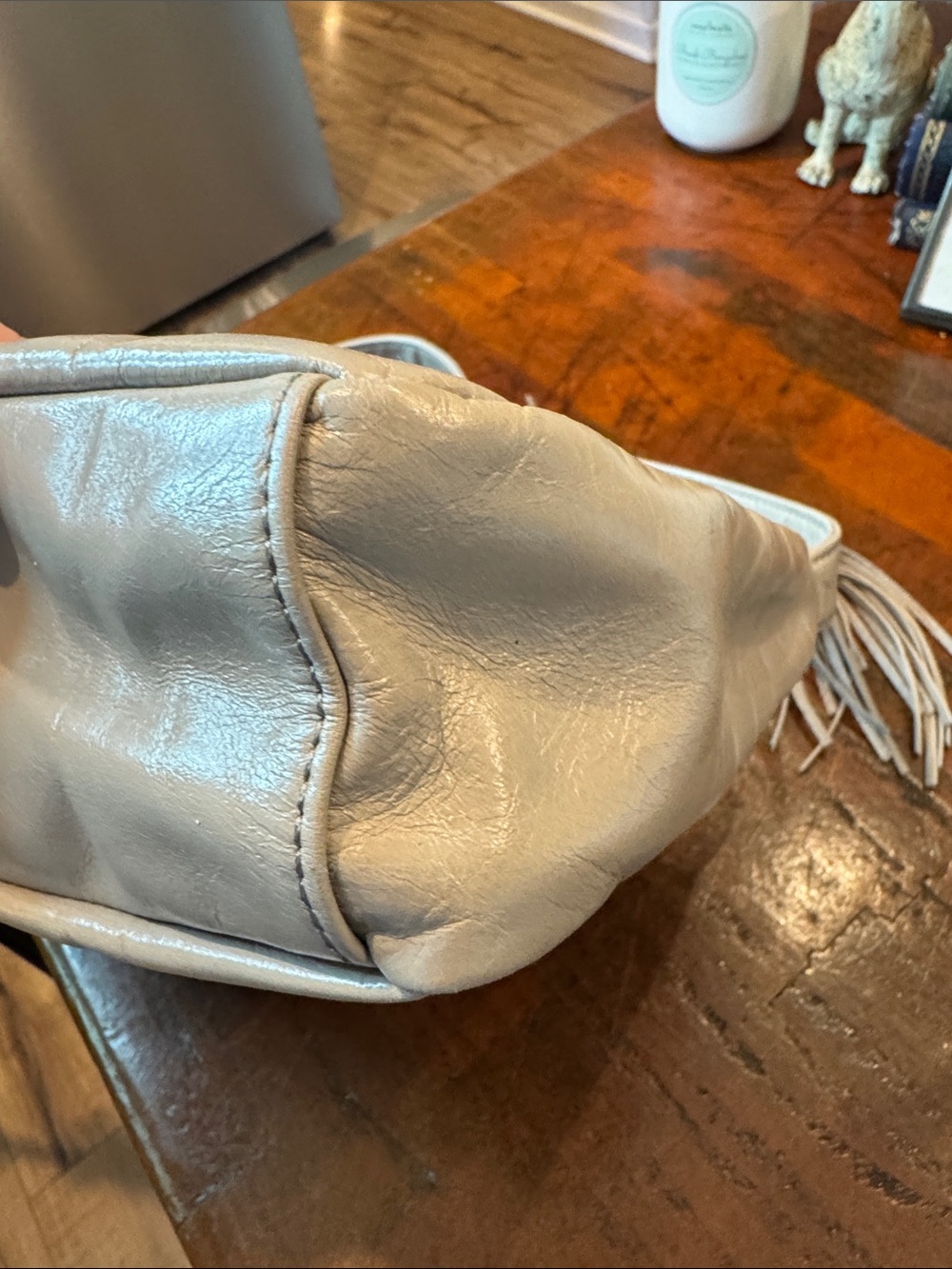 HOBO Silver-Gray Leather Shoulder Bag with Tassel - Picture 8 of 14